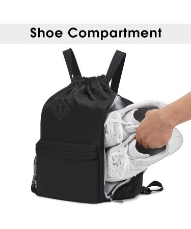 WANDF Drawstring Backpack Sports Gym Bag with Shoes Compartment - Water-Resistant Cinch String Backpack for Men and Women (Large Black) - Buy Online on GoSupps.com