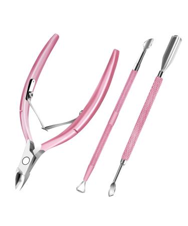 Cuticle Trimmer with Cuticle Pusher and Scissors, Cuticle Remover Professional Durable Pedicure Manicure Tools, Stainless Steel Cuticle Nipper Cutter Clipper for Fingernails and Toenails Pink