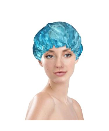 Women's Reusable Double Waterproof Bright Aqua Blue Printed Shower Cap | Elastic Bathing Hat - Buy Online on GoSupps.com