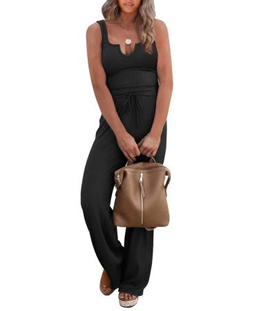PRETTYGARDEN Women's Summer Casual Two Piece Outfits Sweatsuits Tank Scoop Neck Ribbed Knit Long Pants Tracksuits Black Medium