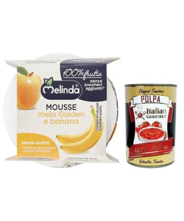 Italian Gourmet E.R. Melinda Golden Apple and Banana Mousse - 100% Natural Fruit Puree - Golden Apple Banana Mousse (2 x 100 g) + Tomato Pulp Italian Gourmet Tomato Pulp 400 g Box