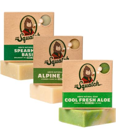 Dr. Squatch All Natural Bar Soap for Men 3 Bar Variety Pack Cool Fresh Aloe Spearmint Basil and Alpine Sage