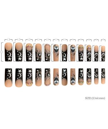 RIICFDD Extra Long Black Press on Nails with Star Moon Flame Designs - 24PCS - Buy Online on GoSupps.com