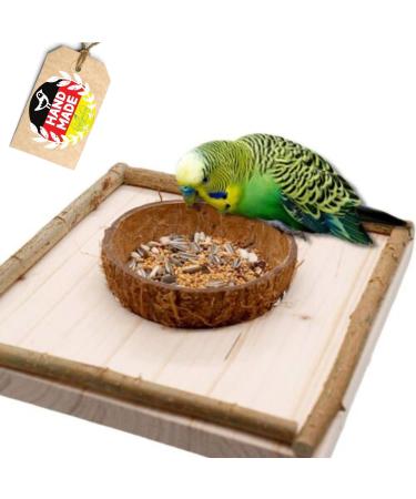 Sitting board with coconut shell and removable feeding bowl. Smart bird toy and feeding board!!