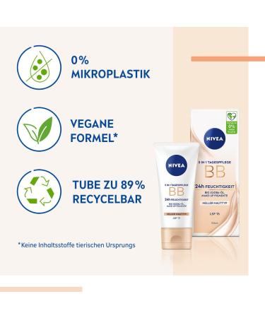 Nivea 5 in 1 Day Care BB Cream SPF 15 - Tinted Moisturizer for Light Skin with Organic Jojoba Oil | 24h Hydration & Makeup Pigments - Buy Online on GoSupps.com
