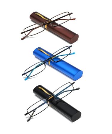 Hubeye 3 pairs metal reading glasses mini compact light spring hinge narrow classic reading aid glasses with metal etui 1.00 black/brown/blue 1.0 diopters