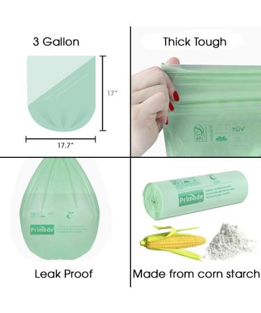 Primode 3 Gallon Compostable Trash Bags - 100 Count, 0.71 Mil Thickness, ASTM D6400 Certified Small Kitchen Bin Bags - Buy Online on GoSupps.com