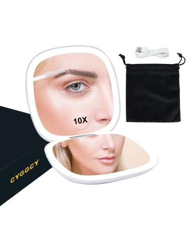 Travel Makeup Mirror LED 1x/10x Magnifying Portable Compact Mirror USB Rechargeable Touch Switch 2-Sided Illuminated Folding Mirror 3 Colors & Brightness Dimmable