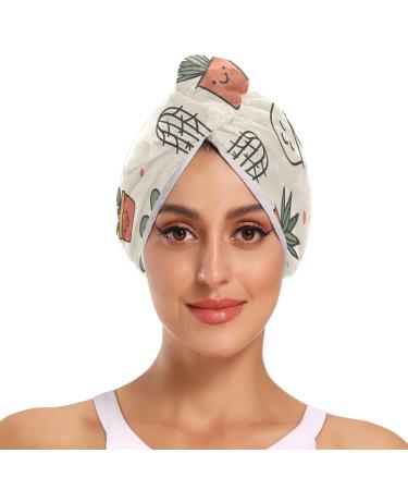 Potted Plants Hair Towel 2 Pack Super Absorbent Hair Drying Towel Quick Dry Hair Turbans Head Towel with Button Twisty Wrap for Women Girls