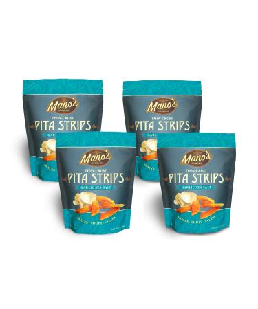 Manos Authentic Pita Chip Strips  Healthy, Thin, Snack-able, Bite Sized Pita Chips  Garlic Sea Salt (4) Pack 6.5oz each