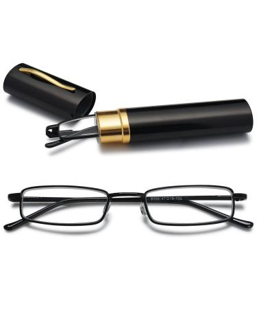 Vevesmundo metal reading glasses mini compact light spring hinge narrow classic reading aid glasses with metal etui 1 piece of black blue light filter reading glasses 2.0 x