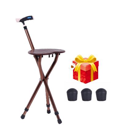 Folding Cane Seat 440 Lbs Capacity Deluxe Height Adjustment Walking Stick Lightweight Aluminum Three-Legged Cane Stool Crutch for Men and Women Gift Brown