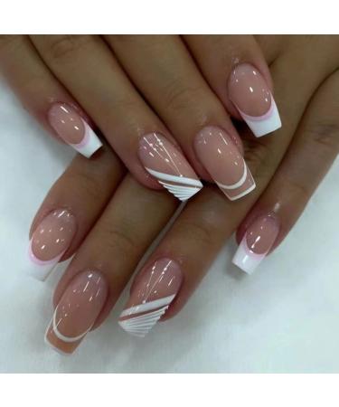 JUSTOTRY 24 Pcs White French Press on Nails Medium Designs Pink False Nails Square with Nail Glue Pretty Stick on Nails for Women and Teens Glossy Squoval Fake Nails for Girls Nails Art french&white5-6