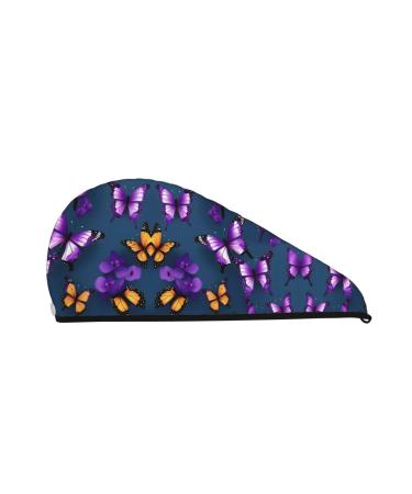 Beautiful Purple Butterfly Coral Velvet Dry Hair Cap Caps with Buttons for Drying Curly Long & Thick Hair Anti Frizz