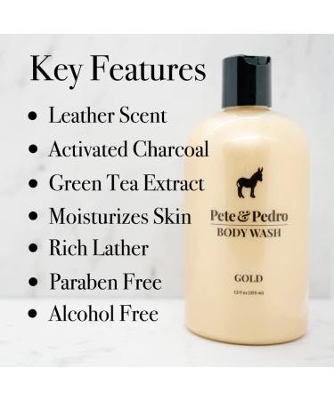 Pete & Pedro Gold Body Wash for Men - Masculine Leather Scent - Moisturizing Shower Bodywash with Activated Charcoal - Helps Dry Skin - 12 oz - Buy Online on GoSupps.com