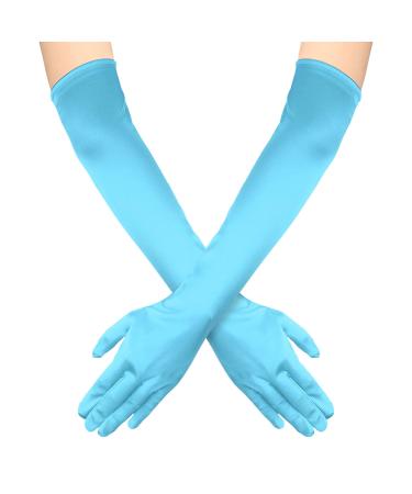 NQEUEPN Women Long Gloves Long Elbow Satin Gloves 21" Stretchy 1920s Opera Gloves Hand Care Moisturizing Gloves for Women Girls Evening Party Dance (Light Blue)