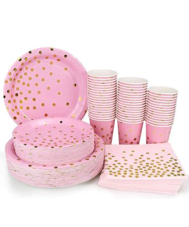 Pink and Gold Dot Party Supplies Set for 50 Guest Gold Metallic Foil Dots on Pink 50 9" Paper Dinner Plates 50 7" Dessert Plate 50 9 Oz. Cups for Baby Shower Birthday Disposable Dinnerware