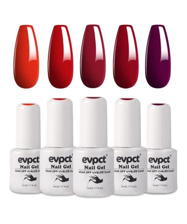 evpct Dark Ruby Red Gel Nails Polish Colors Red 5Pcs Set Kit,5 Colors Light Brick Wine Dark Red Soak off UV LED Cured Summer Autumn Fall Gel Nail Gel Polish Set Holidays Gift for Women Nail Art -D SetD