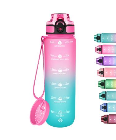 GOSWAG 32oz Motivational Water Bottles with Time Marker & Fruit Strainer, Sports Water Bottle with Times to Drink, Leakproof & BPA Free, Reusable Plastic Bottle with Strap no Straw for Gym & School Balloon