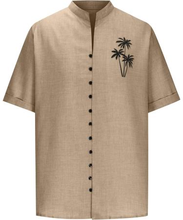 Rosennie Men's Hawaii Shirt - Stand-Up Collar Short Sleeve Button-Up Lightweight Oversized Beach T-Shirt in XXL Khaki for Summer Vacations - Buy Online on GoSupps.com