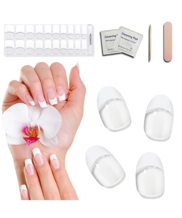 Semi Cured Gel Nail Strips French Nail Tips UV Gel Nail Stickers - Long Lasting Silver Glitter Gel Nail Stickers 20 Pieces Nail Polish Strips Works with UV Nail Lamp Easy Application & Removal French-Glitter