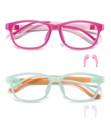 STORYCOAST 2 Pack Kids Blue Light Blocking Glasses Boys Girls Age 5-12 UV Protection Anti Eyestrain Computer Gaming TV Glasses Silicone TR90 Lightweight Eyeglasses (Red + Green)
