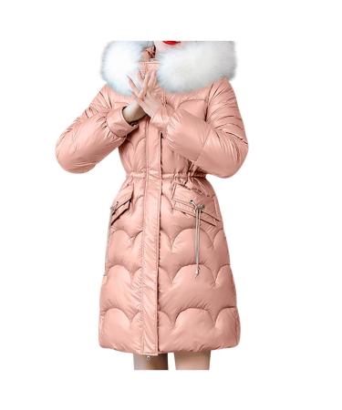 Padded Jacket for Women, Women's Slim Fit Parka Faux Fur Down Long Parka Winter Warm Hooded Outwear Pink Medium