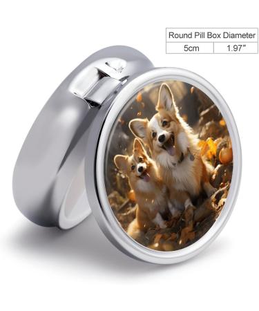 Round Pill Box with Two Corgis Print | 3 Compartment Portable Pill Organizer | Decorative Metal Pocket Pill Case - Buy Online on GoSupps.com