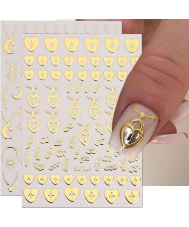 Bronze Gold Silver Nail Stickers: 3D Sun Moon Star Art, Metal Chain Heart Lock Necklace & Angel Wings Decals - 9pcs/Set - Buy Online on GoSupps.com