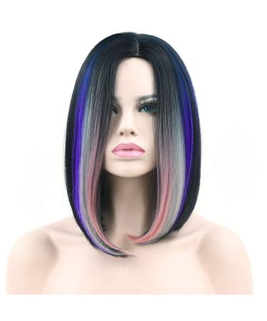 Lfmdjf 12 Colors Synthetic Hair Black to Gray Purple Hair Short Wigs for Women Straight Hair Headwear Wig 16inches T1b/Burgundy T1b/Burgundy