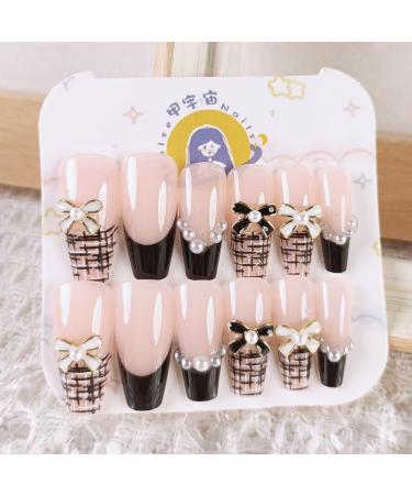 French Tip Press on Nails - Long T Press On Nails with Nail Tips Bowknot Diamond Chain Design Black and white line checkered false nails press on nails Acrylic False Nails Cute Artificial Nails - Buy Online on GoSupps.com