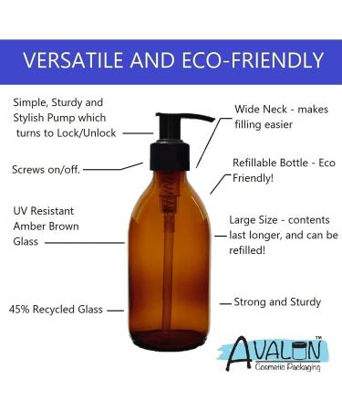 Avalon Amber Glass Bottles 250ml 8oz Soap Dispenser with Black Pumps (BPA-Free) Lotion Pump/Soap Dispensers Reusable Refillable Eco Friendly Sustainable Living/Gift - Pack of 2 - Buy Online on GoSupps.com