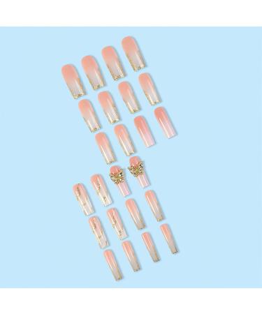 Gold Glitter Press on Nails - Long Square Glossy Ombre Acrylic with 3D Butterfly Designs | Reusable Bling Coffin Fake Nails | 24Pcs for Women - Buy Online on GoSupps.com