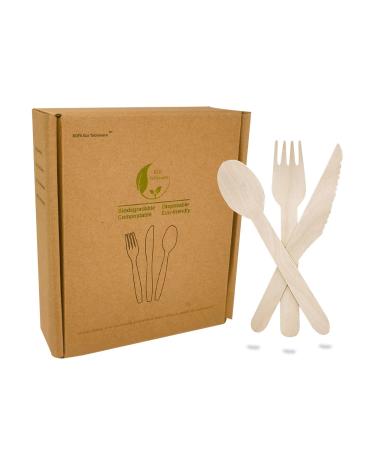 100% Natural Birch Wooden Cutlery Set 6'' Biodegradable Wood Utensils Set 150 Counts (50 Knives + 50 Forks + 50 Spoons) Disposable and Compostable Alternative to Plastic Cutlery 150PCS (50 Forks 50 Knives 50 Spoons)