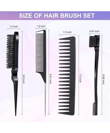 4Pcs Hair Brush Styling Combs Set - Bristle Hair Edge, Teasing, Rat Tail & Wide Tooth Comb for Smoothing and Styling Hair - Black - Buy Online on GoSupps.com