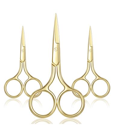 3 Pack Nose Hair Scissors Facial Hair Scissors Small Scissors Stainless Steel Straight Tip Scissor for Eyebrows, Nose, Moustache, Beard (Gold)