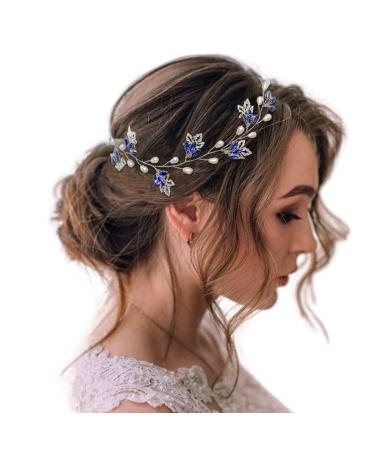 IYOU Bridal Wedding Hair Vine Blue Rhinestone Headband Leaf Pearl Prom Headpiece Accessories for Bride Bridesmaid