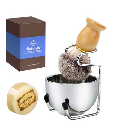 Men shaving Brush kit-Includes Badger Hair Shaving Brush with Solid Wood Handle with Goat Milk Shaving Soap,2 Layers Shaving Bowl and Stainless Steel Shaving Stand Kit Perfect for Men Gift silver