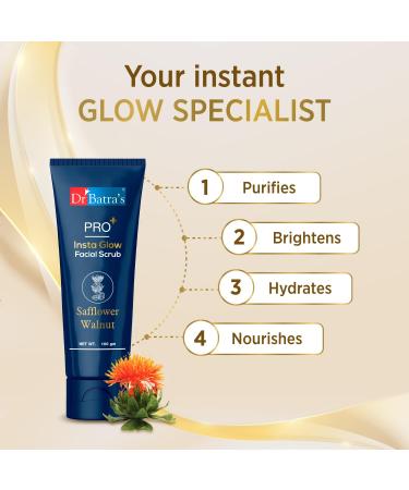 Dr Batra's PRO+ Insta Glow Facial Scrub - Unclogs Pores Brightens Skin Tone & Even Complexion | Echinacea Safflower & Walnut - 100g - Buy Online on GoSupps.com