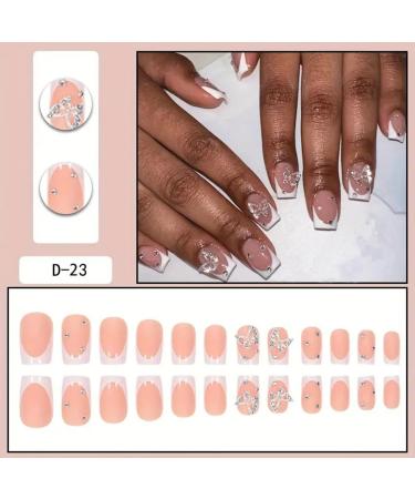 Short Press on Nails with Butterfly Charms - White French Acrylic Square Shape | Cute 24Pcs Stick-On Nails for Women - Buy Online on GoSupps.com