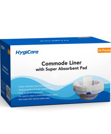 HygiCare Commode Liners with Super Absorbent Pads - 24 Count, Medical Grade, Leakproof, Super Strong, Best for Bedside Commodes and Bedpans, Easy Tie, Turn Liquids into Gel, Reduce Odor
