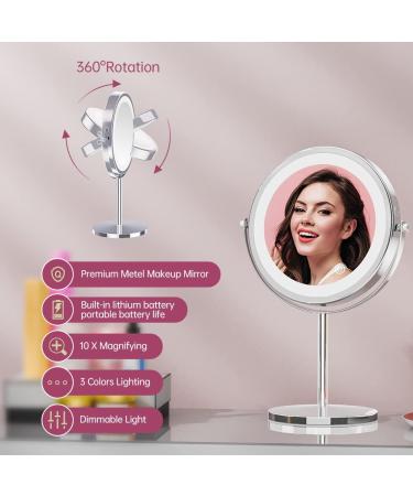 8 inch Rechargeable Lighted Makeup Mirror | 1X/10X Magnification | 3 Color LED Lights | 360 Rotation | Cordless and Brightness Adjustable - Buy Online on GoSupps.com