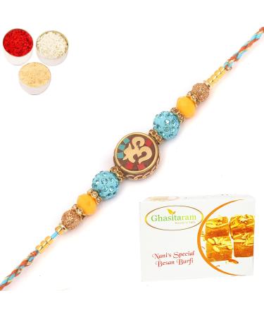 Ghasitaram Gifts Rakhi for Brother Rakhis Online - RM572 - Blue Om Bracelet Rakhi with 400 GMS of Besan Barfi