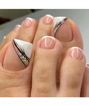 DIDUIKALOR Pink French Press Rhinestone Design False Toenails - 24Pcs Square Acrylic Nails for Women and Girls - Buy Online on GoSupps.com