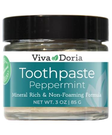 Viva Doria Fluoride Free Natural Toothpaste - Peppermint (3 oz Glass jar) Refreshes Mouth  Freshens Breath  Keeps Teeth and Gum Healthy