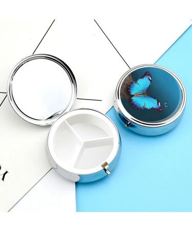 Beautiful Blue Butterfly Round Pill Box - 3 Compartment Portable Organizer - Decorative Metal Case for Medicine - Ideal Travel Pill Container - Buy Online on GoSupps.com