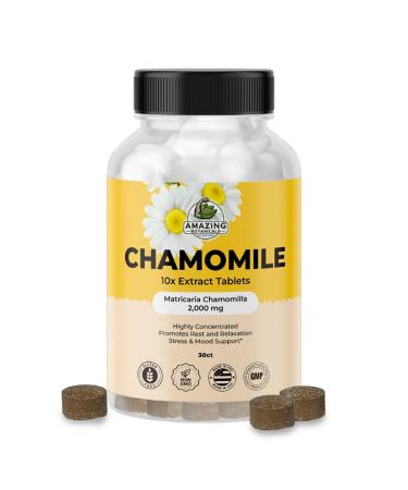 Amazing Botanicals Organic Chamomile Extract Tablets - Matricaria Chamomilla Plant-Based Supplement - 10x Extract 2000 MG Each - Promotes Relaxation - 30 Tablets