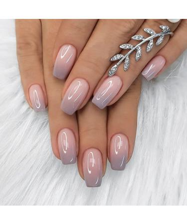 JUSTOTRY 24 pcs Fake Nails Medium Purple French Press on Nails Patterns Nude Ballerina Stick on Nails for Women Acrylic Coffin Medium False Nails with Glue for Nail Art purple&french1