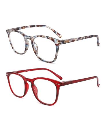 2 Pack Round Reading Glasses for Women Fashion Ladies Computer Readers with Spring Hinge Red + Multicolor 3.0 x
