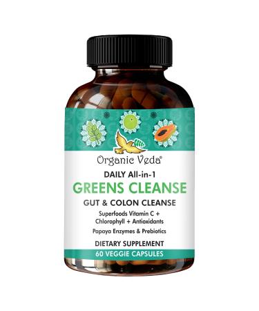 Daily All-in-1Greens Cleanse - Organic Gut Health - Colon Cleanse Capsules with Amla Moringa Psyllium Husk and Prebiotics for Digestive Health - Colon Cleanser with Digestive Enzymes 60 Capsules